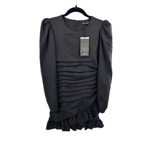 NWT ZARA Black Ruched Ruffle Puff Sleeve Mini Dress Women XS